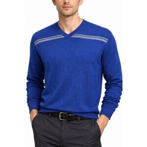 Banana Republic Wool Sweater V-neck Men XL Blue Gray Striped 100% Wool